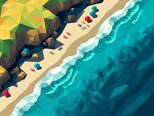 Aerial top down view of beach and sea with waves in a bold and colourful graphic design. Created with generative AI technology. Generative AI - 604066386