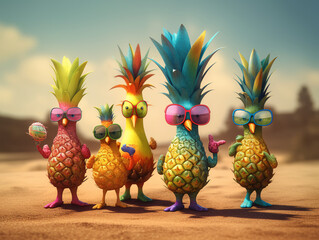 Fantasy illustration of a bunch of cartoon pineapples, dressed in sunglasses, standing in the desert - Generative AI