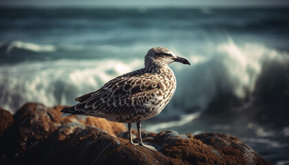 Seagull standing on cliff, watching sunset peacefully generated by AI