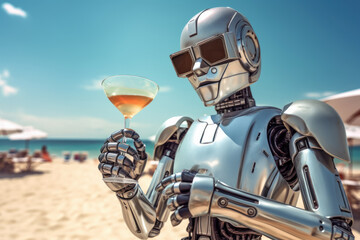 Robot with a glass of cocktail  on the beach, with sunglasses. illustration of  AI generative .illustration AI generative