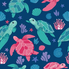 Seamless template with sea creatures for your print applications. Bright background with cute blue and pink cartoon turtles on the background of the seabed. 