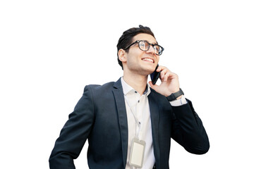 Young businessman talking on the phone manager , transparent background, png.