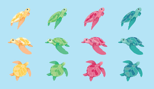 A set of bright colored turtles. Vector sea turtles on blue background. Flat illustrations on separate background. 