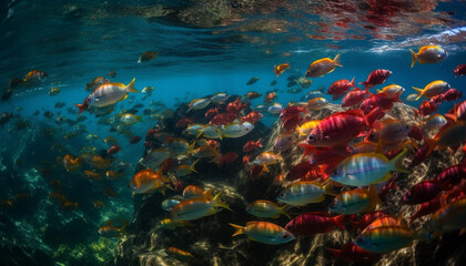 Fototapeta na wymiar School of fish swim in vibrant reef generated by AI
