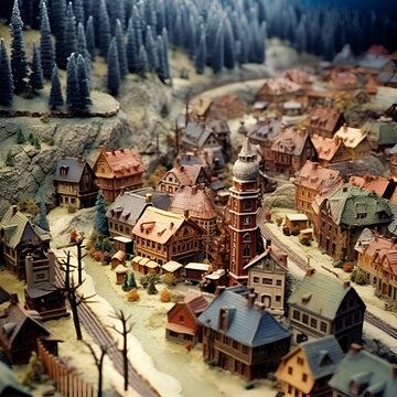 Miniature city with houses and trees in the snow. Miniature, Stop - motion animation style, 1990s.