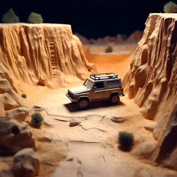 Toy car on the road in the desert. 3d illustration. Miniature, Stop - motion animation style, offroad 4wd, 1990s.