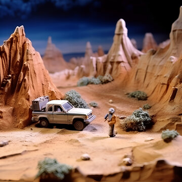 Miniature people travel concept. Tourist with toy car on desert. Stop - motion animation style, offroad 4wd, 1990s.