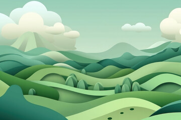 Obraz premium Paper green meadow and sky. Background in papercut style. AI generative.