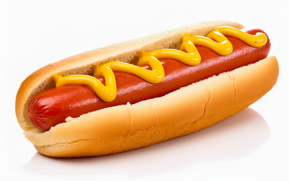 Delicious hot dog with mustard, isolated on white background. Generative Ai image