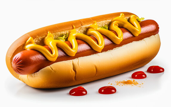 Delicious hot dog with ketchup and mustard, isolated on white background. Generative Ai image