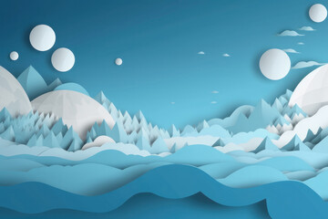 Paper winter landscape with snow. Background in papercut style. AI generative.