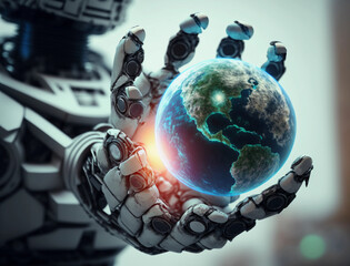 Hand eines Roboters / Künstliche Intelligenz hält unseren Planet in der Hand - AI generated - 604069361