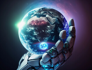 Hand eines Roboters / Künstliche Intelligenz hält unseren Planet in der Hand - AI generated - 604069366