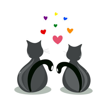 Two black cats and colored hearts on white background. Pride concept