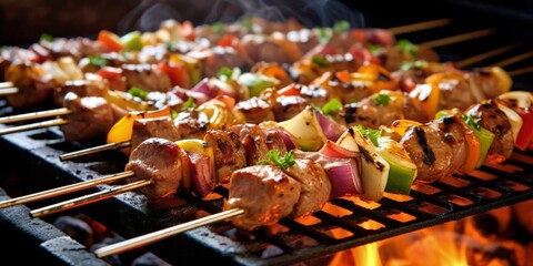 chicken shish kebabs grilling on flaming grill created with generative AI