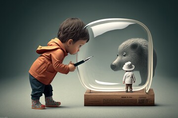 Cute little boy playing with a bear inside a glass jar on dark background