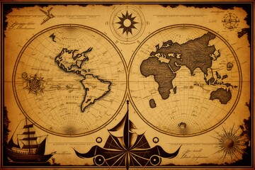 Old map of the world on a grunge background with a compass