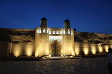 Khiva old town historic centre Ichan Qala (Itchan Kala) by night, arabic architecture, Uzbekistan