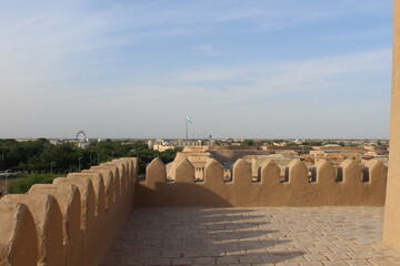 View to wall around Khiva old town historic centre Ichan Qala (Itchan Kala), arabic architecture, Uzbekistan