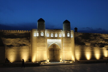 Khiva old town historic centre Ichan Qala (Itchan Kala) by night, arabic architecture, Uzbekistan