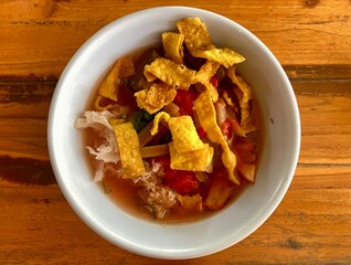 Yentafo noodle with fish meatball tofu and dumpling the good tasty food in the noodle resturant in Thailand.