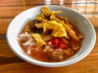 Yentafo noodle with fish meatball tofu and dumpling the good tasty food in the noodle resturant in Thailand.