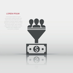 Lead management icon in flat style. Funnel with people, money vector illustration on white isolated background. Target client business concept.