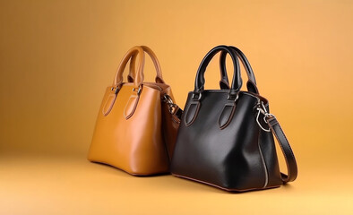 Chic black handbag on light brown background for trendy women, generative AI