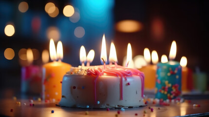 Obraz na płótnie Canvas Birthday cake with candles on blurred bokeh backdrop 