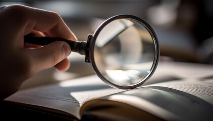 Fototapeta premium Hand holding magnifying glass examining book closely generated by AI