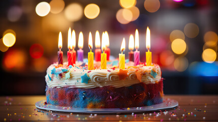 Birthday cake with candles on blurred bokeh background 