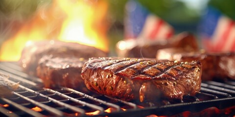 beef ribeye steak grilling on flaming grill during 4th of july created with generative AI - 604071182