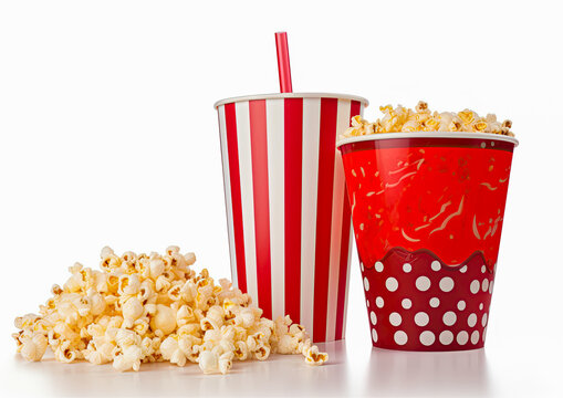 Popcorn bucket and large soda cup isolated on white background. Generative Ai