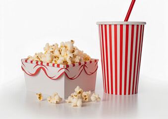 Popcorn bucket and large soda cup isolated on white background. Generative Ai