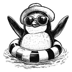 cool playful penguin wearing hat and sunglasses in a swimming ring, summer vacation penguin sketch © Satoru Sketches
