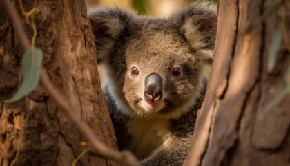 Koala sitting on eucalyptus branch, looking cute generated by AI