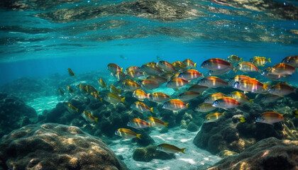 Naklejka na ściany i meble School of fish swim in coral reef generated by AI
