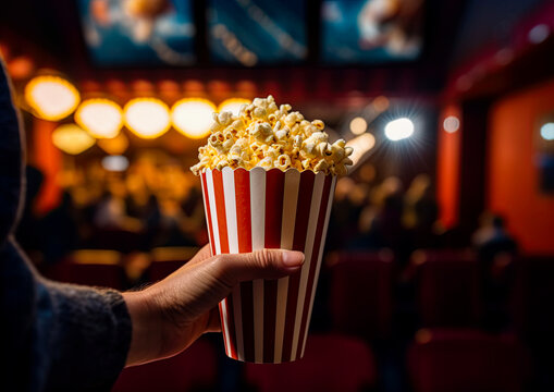 Large popcorn bucket in hand inside the cinema. Generative Ai image