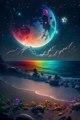 Fototapeta na wymiar surrealism art style of surrealism art style of under the starry sky, a fantastic rainbow covers the beach, with many colorful roses and glowing crystal pebbles on the beach starlight, meteor, silver