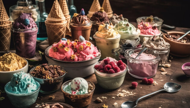 Raspberry ice cream sundae, a sweet indulgence generated by AI