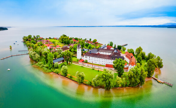 Frauenchiemsee Abbey aerial panoramic view, Bavaria