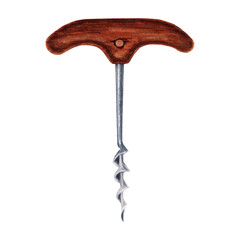 Wooden corkscrew isolated on transparent background. Hand drawn watercolor illustration.