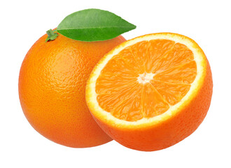 orange fruit with leaves and half isolated, Orange fruit macro studio photo, transparent png, PNG format, cut out