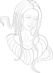 Vector drawing, outline of a girl with dreadlocks. Mythical creature medusa gorgon, clipart
