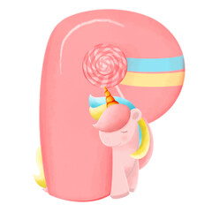 Alphabet with cute unicorn, font in hand-drawn cartoon style. Vector illustration for your design