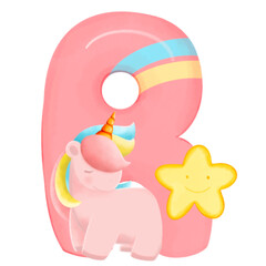 Alphabet with cute unicorn, font in hand-drawn cartoon style. Vector illustration for your design