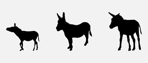 isolated black silhouette of a donkey , vector collection