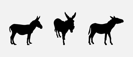 isolated black silhouette of a donkey , vector collection