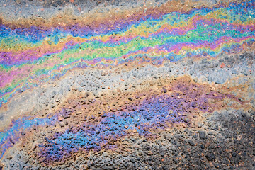 Obraz premium Gasoline stains on asphalt. Gasoline spilled on road.