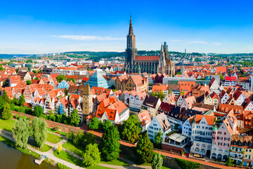 Fototapeta premium Ulm Minster Church aerial panoramic view, Germany